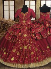  Wine Red Sweet 16 Quinceanera Dress Military Ball and Sweet 16 and Quinceanera with Beading and Embroidery and Ruffled Layers Sweetheart Sleeveless Lace Up