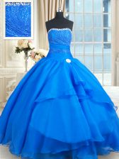  Blue Organza Lace Up Strapless Sleeveless Floor Length Vestidos de Quinceanera Court Train Beading and Lace and Sequins