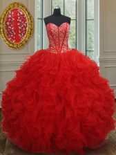  Floor Length Red Ball Gown Prom Dress Organza Sleeveless Beading and Ruffles