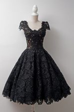  Scoop Lace Tea Length A-line Cap Sleeves Black Dress for Prom Zipper