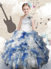 Wonderful One Shoulder Blue And White Lace Up Little Girl Pageant Gowns Beading and Ruffles Sleeveless Floor Length
