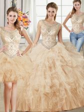  Three Piece Scoop Floor Length Champagne Ball Gown Prom Dress Tulle Sleeveless Beading and Ruffles