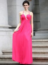  Hot Pink Column/Sheath Halter Top Sleeveless Chiffon Floor Length Zipper Beading Prom Party Dress