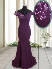 Mermaid Off the Shoulder Chiffon Sleeveless Prom Evening Gown Brush Train and Beading and Sequins
