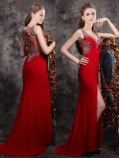  With Train Zipper Prom Evening Gown Red for Prom with Appliques Brush Train