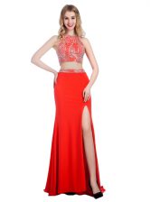  Coral Red High-neck Neckline Beading Prom Party Dress Sleeveless Criss Cross