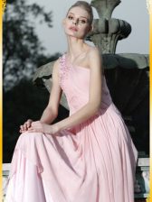 Fantastic One Shoulder Baby Pink Sleeveless Floor Length Ruching and Hand Made Flower Side Zipper Evening Dress