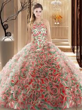 Simple High-neck Sleeveless Fabric With Rolling Flowers Quinceanera Dress Ruffles and Pattern Brush Train Criss Cross
