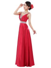  Coral Red Elastic Woven Satin Zipper V-neck Sleeveless Floor Length Evening Dress Beading