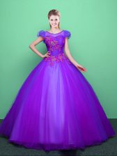 Comfortable Scoop Short Sleeves Tulle Floor Length Lace Up Sweet 16 Dress in Purple with Appliques
