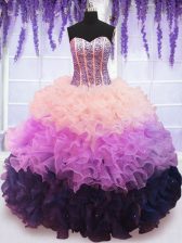  Multi-color Lace Up Quinceanera Dress Beading and Ruffles and Ruffled Layers Sleeveless Floor Length