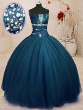 Dynamic Beading Quince Ball Gowns Navy Blue Lace Up Sleeveless Floor Length
