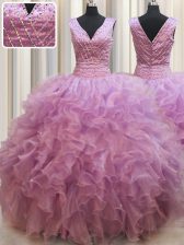  Organza V-neck Sleeveless Lace Up Beading 15th Birthday Dress in Lilac
