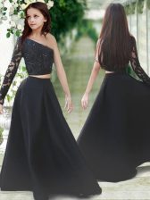  Floor Length Black Flower Girl Dress One Shoulder Long Sleeves Zipper