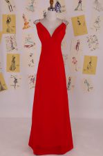 New Arrival Red Sleeveless Floor Length Beading Backless Prom Evening Gown