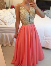  Watermelon Red V-neck Backless Beading and Appliques Sleeveless