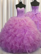  Floor Length Lilac 15th Birthday Dress Organza Sleeveless Beading and Ruffles