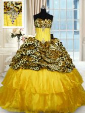 Custom Designed Printed Sleeveless Sweep Train Beading and Ruffled Layers Lace Up Quinceanera Dress