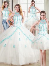 Modern Four Piece Halter Top Floor Length White Sweet 16 Quinceanera Dress Tulle Sleeveless Beading and Appliques