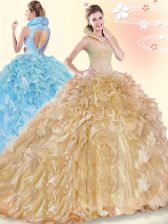  Sleeveless Organza Brush Train Backless 15 Quinceanera Dress in Champagne with Beading and Ruffles