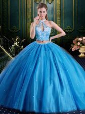 Popular Halter Top Floor Length Baby Blue 15 Quinceanera Dress Tulle Sleeveless Beading and Lace and Appliques