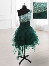  Peacock Green One Shoulder Neckline Beading and Ruffles Prom Dresses Sleeveless Lace Up