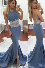 Fitting Mermaid Halter Top Sleeveless Sweep Train Backless Lace Dress for Prom