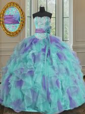  Organza Sweetheart Sleeveless Lace Up Beading and Appliques and Ruffles and Sashes ribbons and Hand Made Flower Sweet 16 Quinceanera Dress in Multi-color