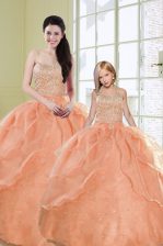 Artistic Orange Sleeveless Floor Length Beading and Sequins Lace Up Quinceanera Gowns