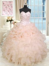 Best Selling Peach Ball Gowns Beading and Ruffles Quinceanera Gowns Lace Up Organza Sleeveless Floor Length