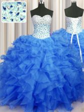  Blue Sleeveless Floor Length Beading and Ruffles Lace Up Sweet 16 Dress