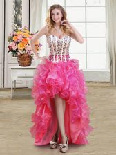  Hot Pink Organza Lace Up Sweetheart Sleeveless High Low Evening Dress Beading and Ruffles