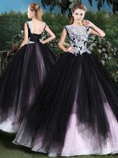  Scoop Floor Length Pink And Black Ball Gown Prom Dress Tulle Sleeveless Appliques and Ruffles