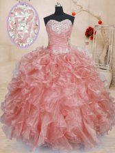 Excellent Sleeveless Organza Floor Length Lace Up Quinceanera Gowns in Watermelon Red with Beading and Ruffles