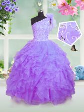 Amazing One Shoulder Lavender Organza Lace Up Little Girls Pageant Dress Wholesale Sleeveless Floor Length Beading and Ruffles