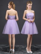  Lavender A-line Strapless Sleeveless Organza Mini Length Lace Up Lace and Belt Vestidos de Damas