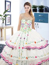 White Scoop Lace Up Beading and Embroidery and Ruffled Layers 15 Quinceanera Dress Sleeveless
