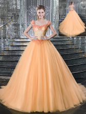  Straps Sleeveless With Train Beading and Appliques Lace Up Ball Gown Prom Dress with Orange Brush Train