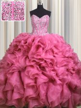 Superior Visible Boning Bling-bling Rose Pink Organza Lace Up Sweet 16 Quinceanera Dress Sleeveless With Brush Train Beading and Ruffles