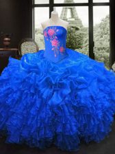 Royal Blue Ball Gowns Embroidery and Ruffles Quinceanera Gown Lace Up Organza Sleeveless Floor Length