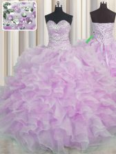 Adorable Lilac Sleeveless Floor Length Beading and Ruffles Lace Up Sweet 16 Dress