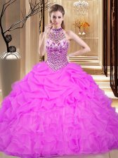  Halter Top Sleeveless Lace Up Floor Length Beading and Ruffles and Pick Ups Vestidos de Quinceanera