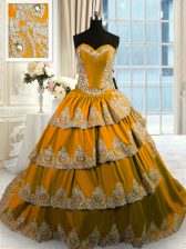 Pretty Ruffled Brown Sleeveless Taffeta Court Train Lace Up Quinceanera Gowns for Military Ball and Sweet 16 and Quinceanera
