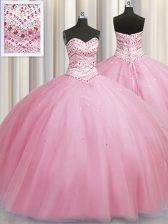  Bling-bling Big Puffy Rose Pink Ball Gowns Sweetheart Sleeveless Tulle Floor Length Lace Up Beading Ball Gown Prom Dress