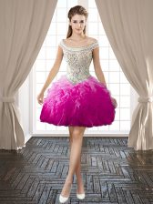 Sexy Fuchsia Backless Off The Shoulder Beading and Ruffles Dress for Prom Organza Sleeveless