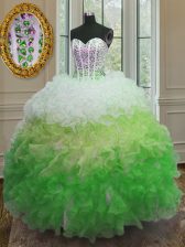 Designer Floor Length Multi-color Quinceanera Gown Organza Sleeveless Beading and Ruffles and Sashes ribbons