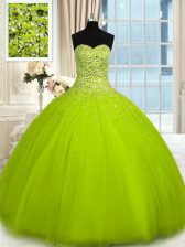  Sleeveless Floor Length Beading Lace Up Sweet 16 Quinceanera Dress with Olive Green