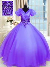  V-neck Short Sleeves Quince Ball Gowns Floor Length Appliques Lavender Organza