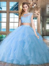 Most Popular Brush Train Two Pieces Quince Ball Gowns Light Blue Scoop Organza Cap Sleeves With Train Zipper