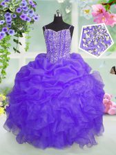 Elegant Lavender Ball Gowns Spaghetti Straps Sleeveless Organza Floor Length Lace Up Beading and Ruffles and Pick Ups Girls Pageant Dresses